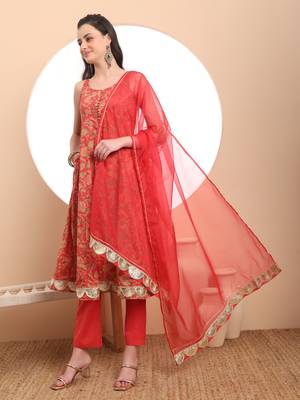  red cotton sleeveless anarkali kurta dupatta set 2