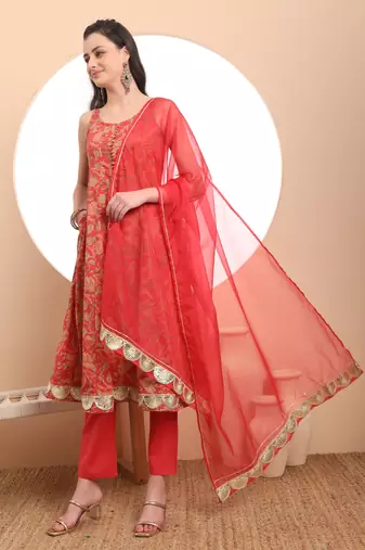  red cotton sleeveless anarkali kurta dupatta set