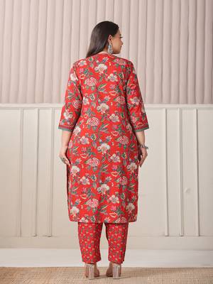 red floral print cotton cutdana work plus size kurta set with pant & dupatta 3