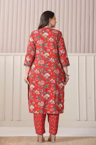 red floral print cotton cutdana work plus size kurta set with pant & dupatta