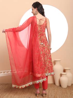  red cotton sleeveless anarkali kurta dupatta set 3