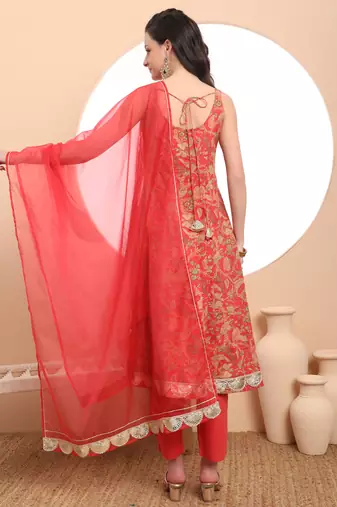  red cotton sleeveless anarkali kurta dupatta set