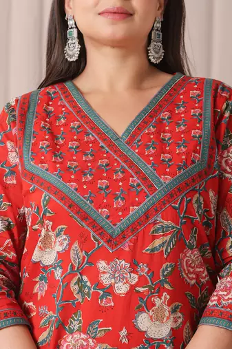 red floral print cotton cutdana work plus size kurta set with pant & dupatta