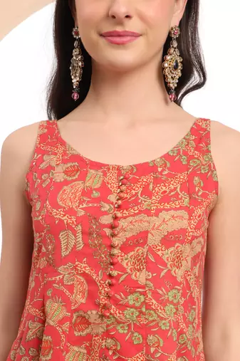  red cotton sleeveless anarkali kurta dupatta set