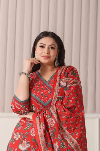 red floral print cotton cutdana work plus size kurta set with pant & dupatta