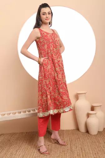  red cotton sleeveless anarkali kurta dupatta set