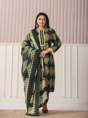 green block print cotton lace work plus size kurta set with pant & dupatta 1