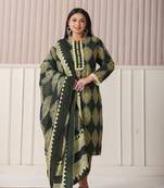 green block print cotton lace work plus size kurta set with pant & dupatta
