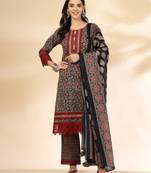  black cotton floral print kurta dupatta set with lace detailing