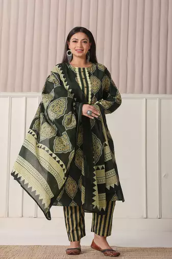 green block print cotton lace work plus size kurta set with pant & dupatta
