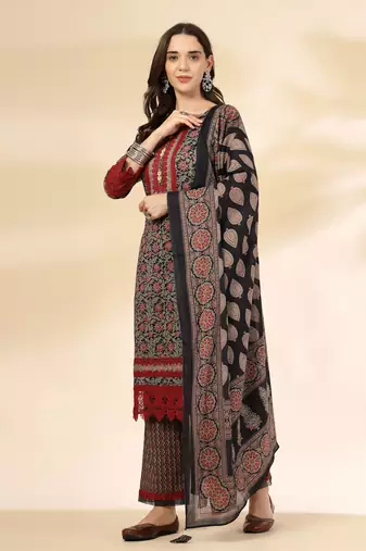  black cotton floral print kurta dupatta set with lace detailing