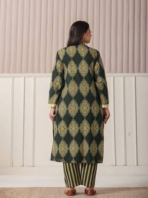 green block print cotton lace work plus size kurta set with pant & dupatta 3