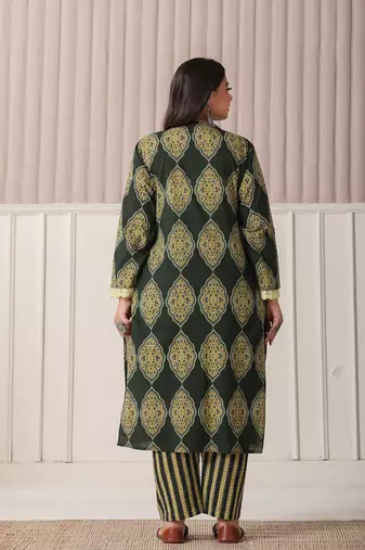green block print cotton lace work plus size kurta set with pant & dupatta