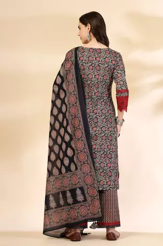  black cotton floral print kurta dupatta set with lace detailing