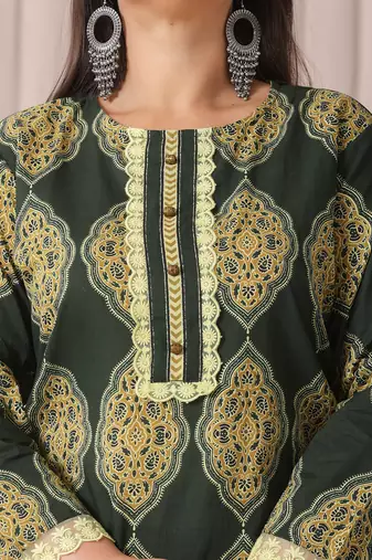 green block print cotton lace work plus size kurta set with pant & dupatta