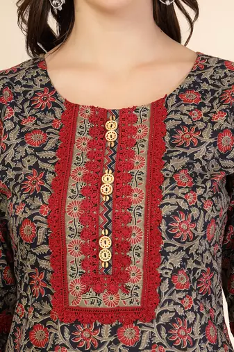  black cotton floral print kurta dupatta set with lace detailing