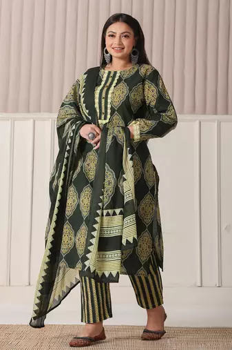green block print cotton lace work plus size kurta set with pant & dupatta