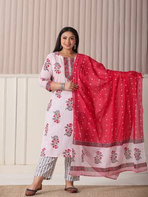 white floral print cotton sequins work plus size kurta set with pant & dupatta 1