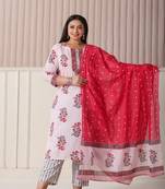 white floral print cotton sequins work plus size kurta set with pant & dupatta