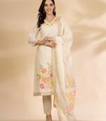  off-white handloom cotton jacquard thread work kurta dupatta pant set