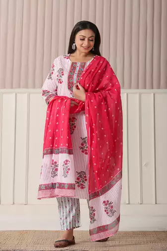 white floral print cotton sequins work plus size kurta set with pant & dupatta