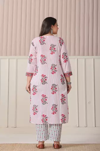 white floral print cotton sequins work plus size kurta set with pant & dupatta