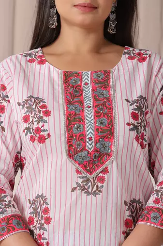 white floral print cotton sequins work plus size kurta set with pant & dupatta