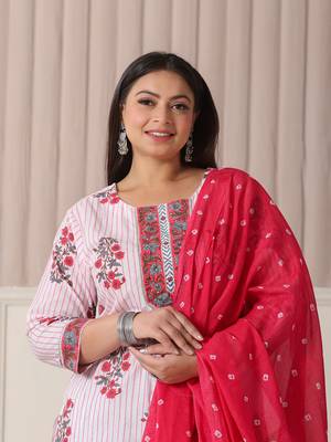 white floral print cotton sequins work plus size kurta set with pant & dupatta 5