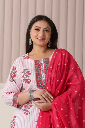 white floral print cotton sequins work plus size kurta set with pant & dupatta