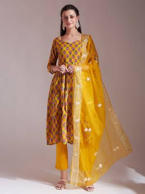 mustard cotton gotta work kurta set with pant & dupatta 1