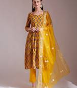 mustard cotton gotta work kurta set with pant & dupatta