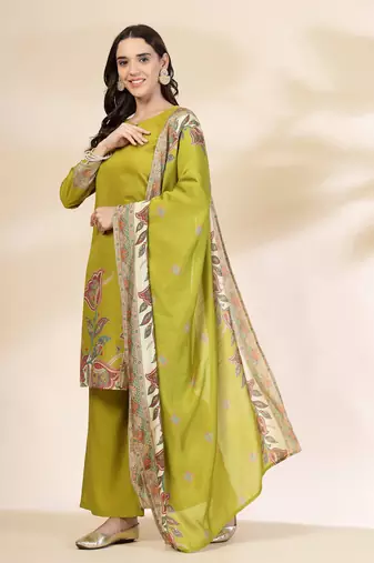  green silk straight kurta with palazzo dupatta set