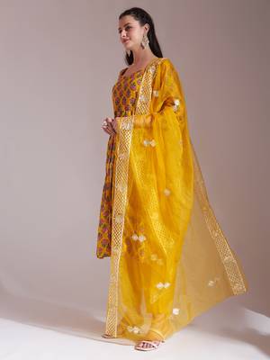 mustard cotton gotta work kurta set with pant & dupatta 2