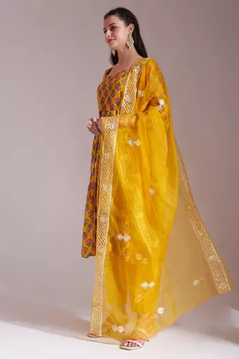 mustard cotton gotta work kurta set with pant & dupatta