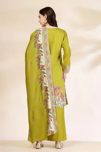  green silk straight kurta with palazzo dupatta set