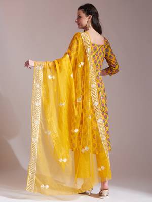 mustard cotton gotta work kurta set with pant & dupatta 3