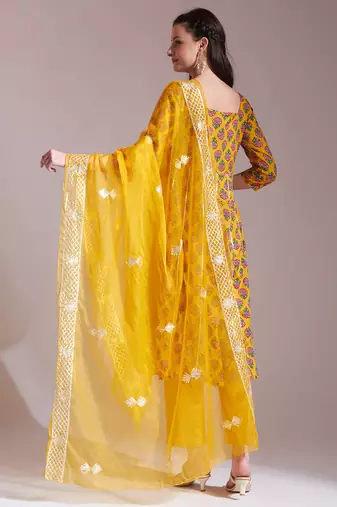 mustard cotton gotta work kurta set with pant & dupatta
