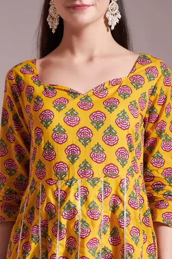 mustard cotton gotta work kurta set with pant & dupatta