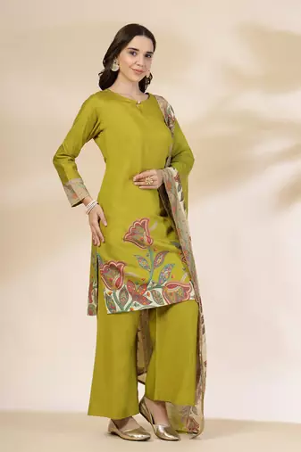  green silk straight kurta with palazzo dupatta set