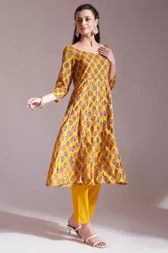 mustard cotton gotta work kurta set with pant & dupatta