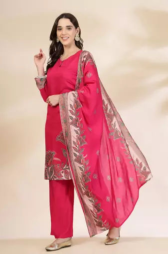  pink silk straight kurta with palazzo dupatta set