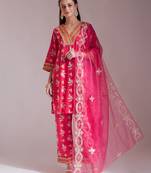 pink cotton lace work kurta set with pant & dupatta