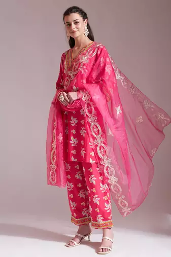 pink cotton lace work kurta set with pant & dupatta