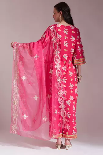 pink cotton lace work kurta set with pant & dupatta