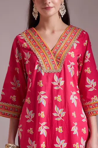 pink cotton lace work kurta set with pant & dupatta