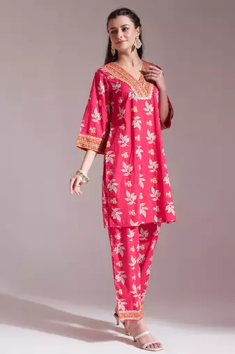 pink cotton lace work kurta set with pant & dupatta