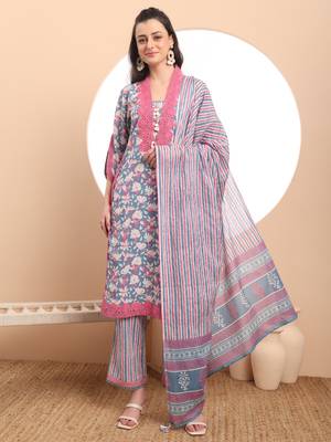 cotton blue kurta dupatta set with lace detailing 1
