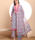 cotton blue kurta dupatta set with lace detailing