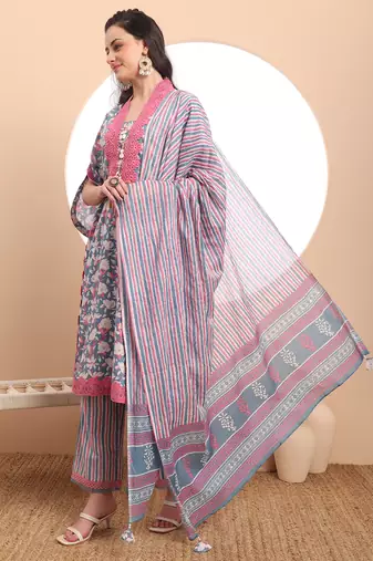 cotton blue kurta dupatta set with lace detailing