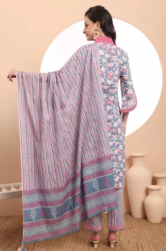 cotton blue kurta dupatta set with lace detailing